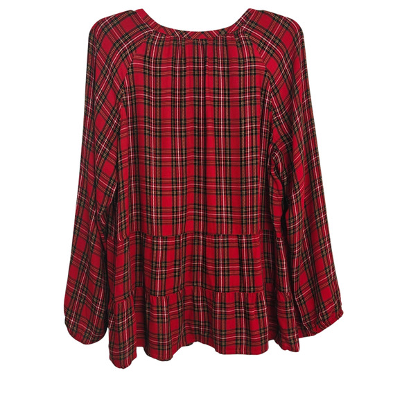 J Jill Tartan Plaid Top Size Medium Red Button Up Long Sleeve Ruffle Tiered - Picture 7 of 11
